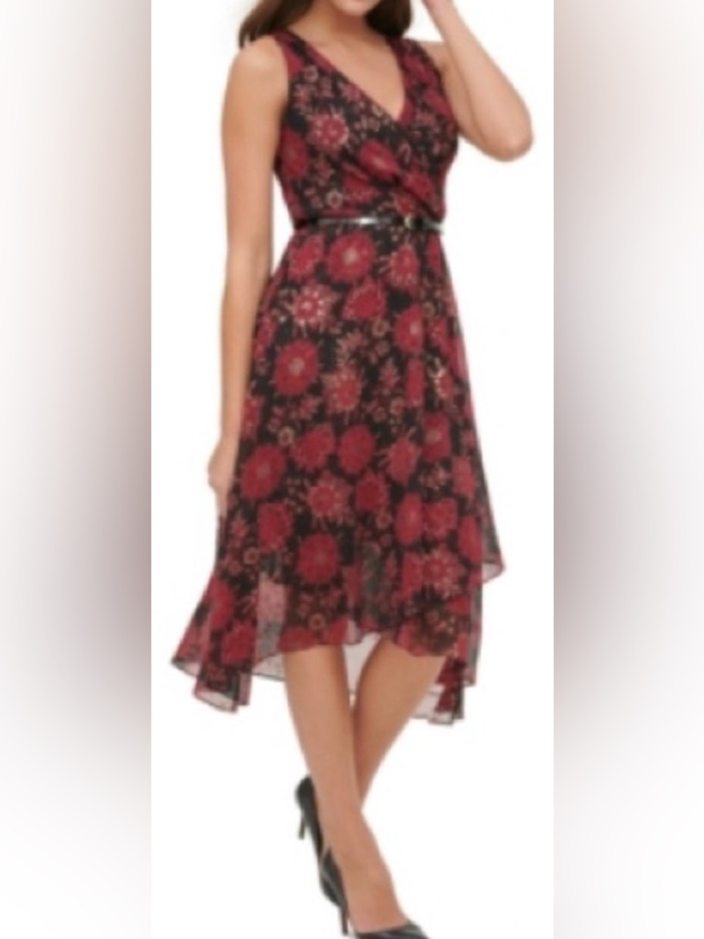 Tommy Hilfiger Size 8 Maroon Floral Black Metallic Gold Surplice Peplum Dress